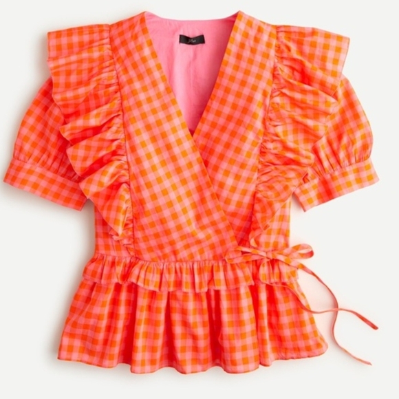 J. Crew Bright Pink Checkered Ruffle Blouse - Picture 2 of 16